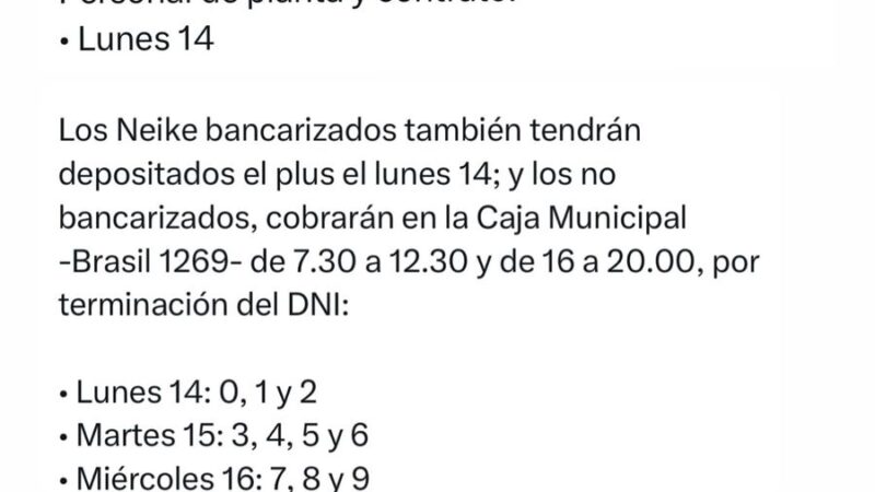 ESTE LUNES 14 INICIA EL PAGO DEL PLUS COMPLEMENTARIO A MUNICIPALES